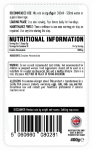 PER4M CREATINE FLAVOURED - NUTRITION PANEL - UNFLAVOURED 400G