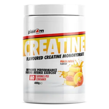 Per4m Creatine Monohydrate Peach Sweets Flavour 400g Front of tub
