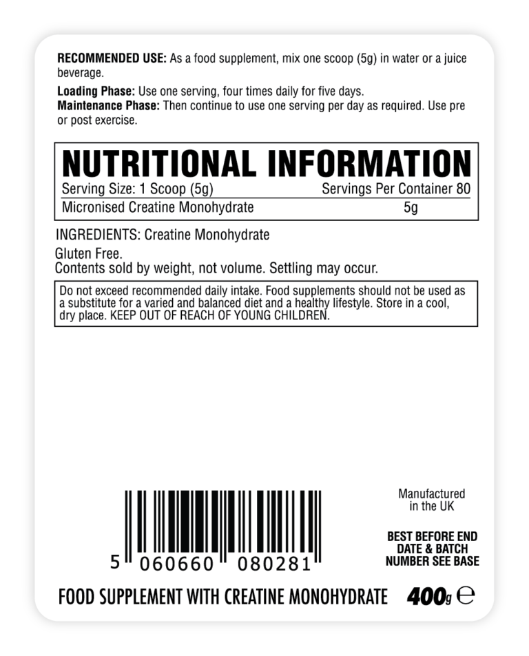 Per4m Creatine Monohydrate 400g Nutrition Panel