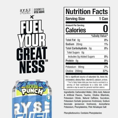 RYSE Fuel Energy Drink Sour Punch Sour Blue Raspberry Nutrition Label