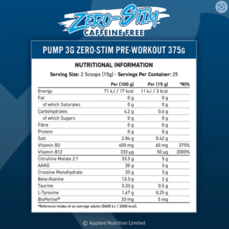 Applied Nutrition Pump 3G Zero Stim Pre Workout Nutrition Label