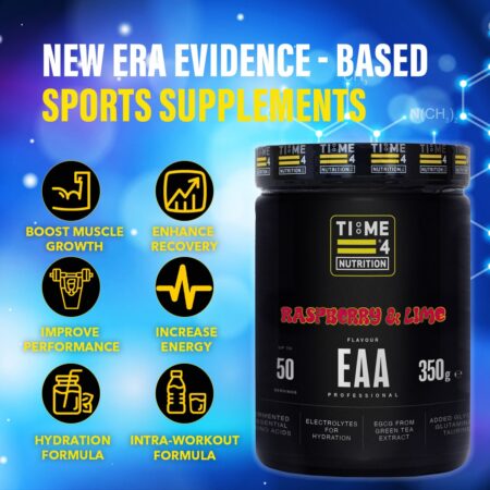 TIME 4 NUTRITION-EAA-ESSENTIAL-AMINO-ACIIDS-RASPBERRY-AND-LIME-TUB-INFORMATION-ICONS