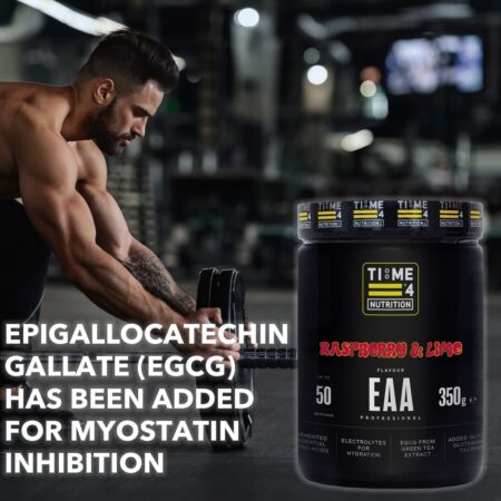 TIME 4 NUTRITIONEAA-ESSENTIAL-AMINO-ACIDS-RASPBERRY-AND-LIME-TUB-TOPLESS-MALE-ATHLETE-LOADING-PLATES-ON-BARBELL