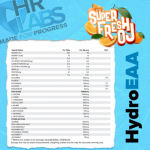 HR Labs Hydro EAA Super Fresh OJ Flavour 30 Servings Nutritional Information