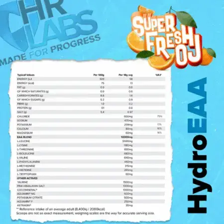 HR Labs Hydro EAA Super Fresh OJ Flavour 30 Servings Nutritional Information