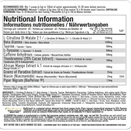 Per4m Energy Nutritional Information Label