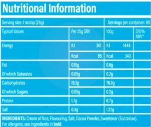 TbJP Cream of Rice 2000g Nutritional Information