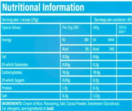 TbJP Cream of Rice 2000g Nutritional Information