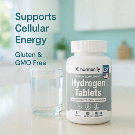 Harmonify Hydrogen Tablets 60mg - Cellular Energy infographic - Non GMO