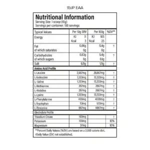 tbJP 1kg EAA Nutrition panel & Ingredients