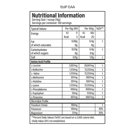 tbJP 1kg EAA Nutrition panel & Ingredients