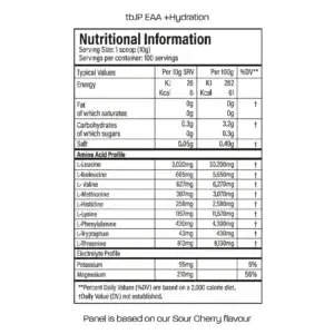 tbJP 1kg EAA hydration nutrition and Ingredients panel