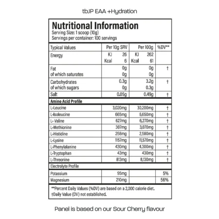 tbJP 1kg EAA hydration nutrition and Ingredients panel