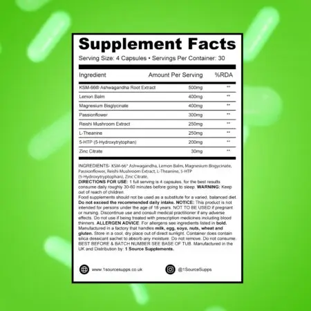 1Source Supplements Knockout: Premium All-in-One Night-Time Recovery & Sleep Supplement - Supplement Facts