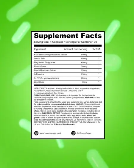 1Source Supplements Knockout: Premium All-in-One Night-Time Recovery & Sleep Supplement - Supplement Facts