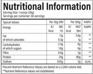 tbJP Performance Isolate Nutritional Information