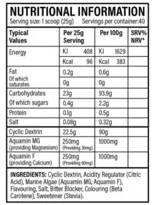 tbJP Performance Fuel Orange & Mango Nutritional Information