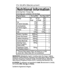 tbJP CV Burn Nutritional Information and Ingredients 60 Servings