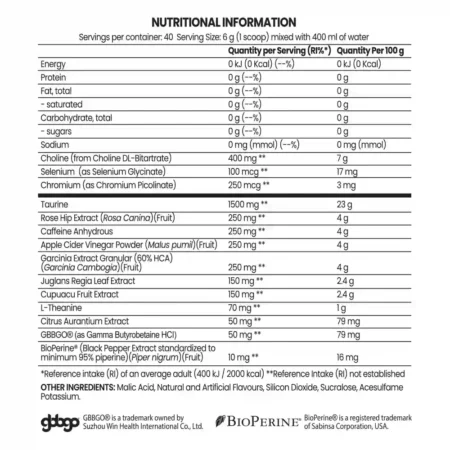 chaos-crew-shredz-peach-rings flavour 265g - fat loss supplement - Nutritional Information