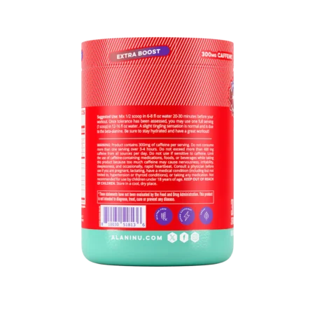 Alani Nu Cherry Slush Pre Workout Plus - Back of Tub