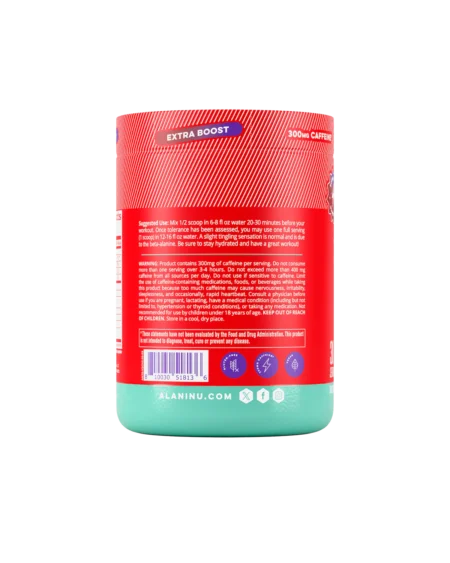 Alani Nu Cherry Slush Pre Workout Plus - Back of Tub