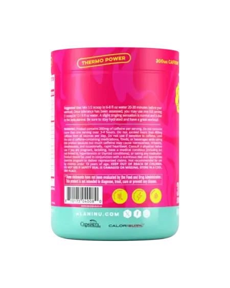 Alani NU Pre Workout + Burn Dragon Fruit Rush-Back of Tub