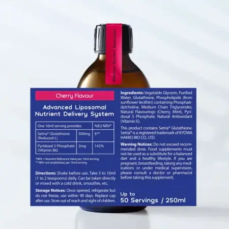 Well.Actually. liposomal-glutathione-liquid-500ml-cherry-flavour-nuitritional information & Ingredients panel