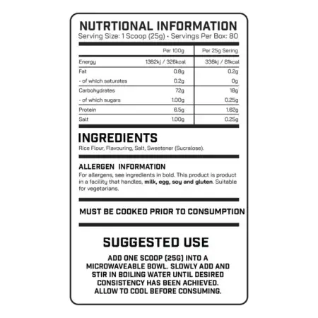 DNA Sports Cream of Rice 2kg - Nutritional Information