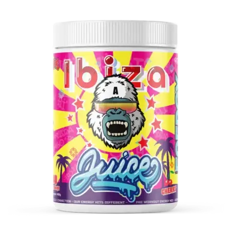 Gorillalpha Ibiza Juice Cherry Candy Flavour Pre Workout - Front of Tub