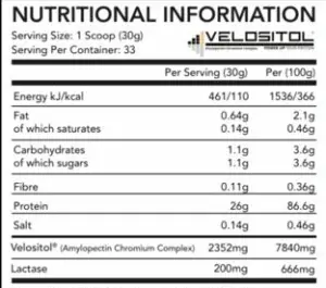 VelosiWhey ISO Nutritional Panel