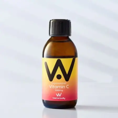 Well.Actually liposomal-vitamin-c-liquid-1000mg-up-to-60-servings-fruit-fusion-flavour-front of bottle