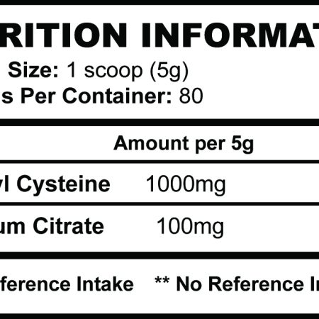 Strom Sports NAC Powder Nutritional Information Panel
