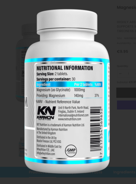 NXT Nutrition Magnesium Glycinate Nutritional Information